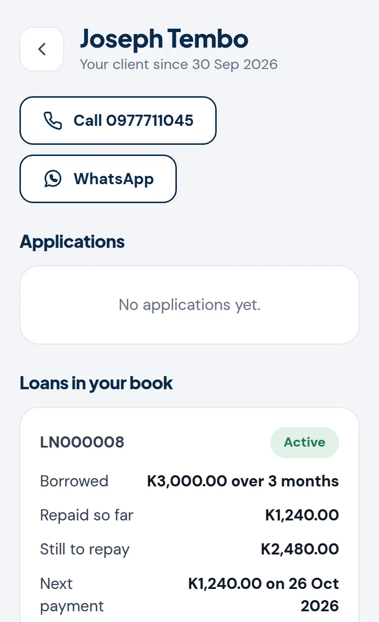 A client's page showing their loan, repayments and the commission earned