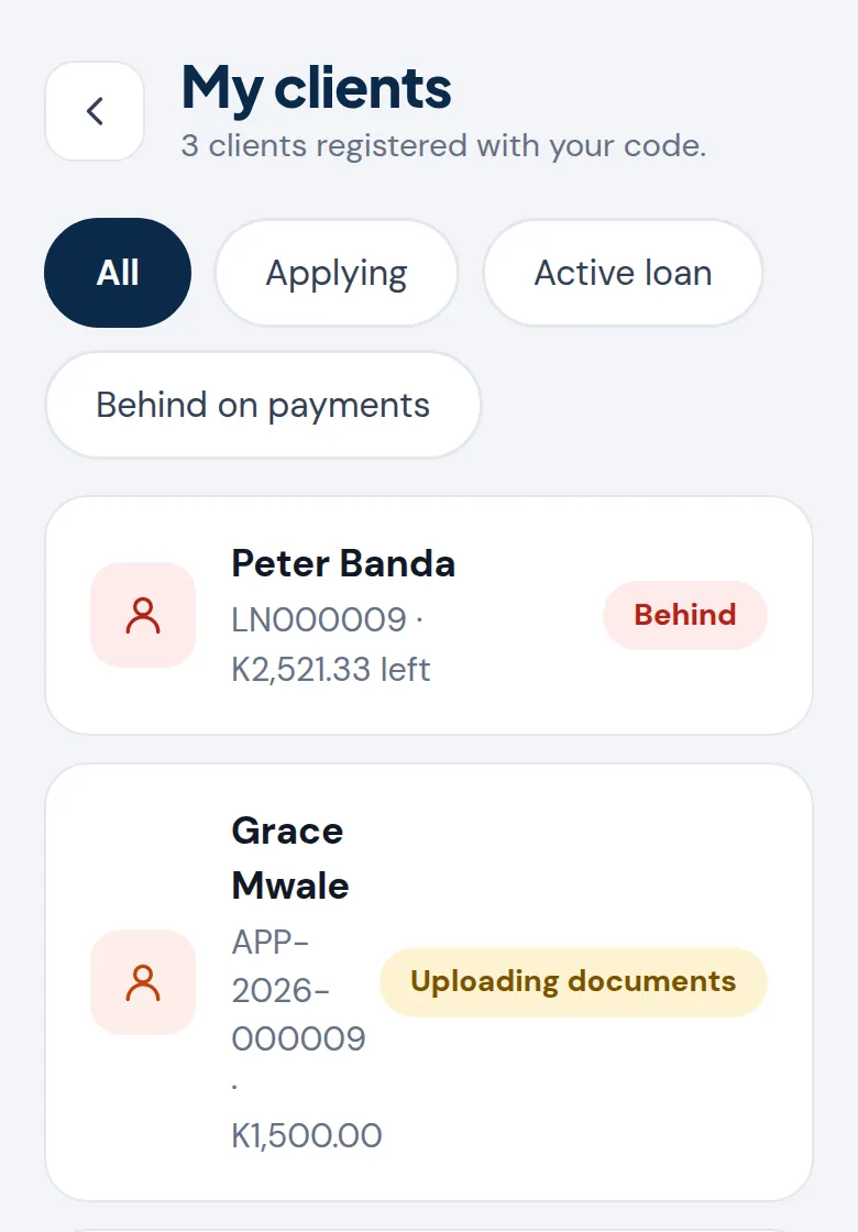 The list of the agent's clients with their status