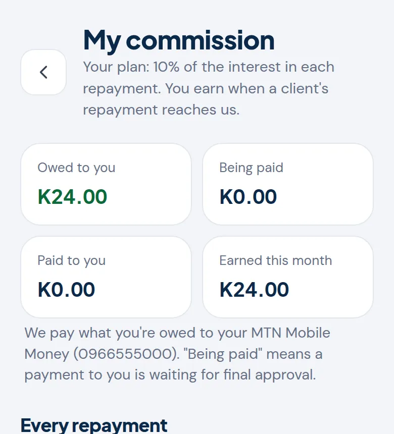 The commission page with owed, being paid and paid totals
