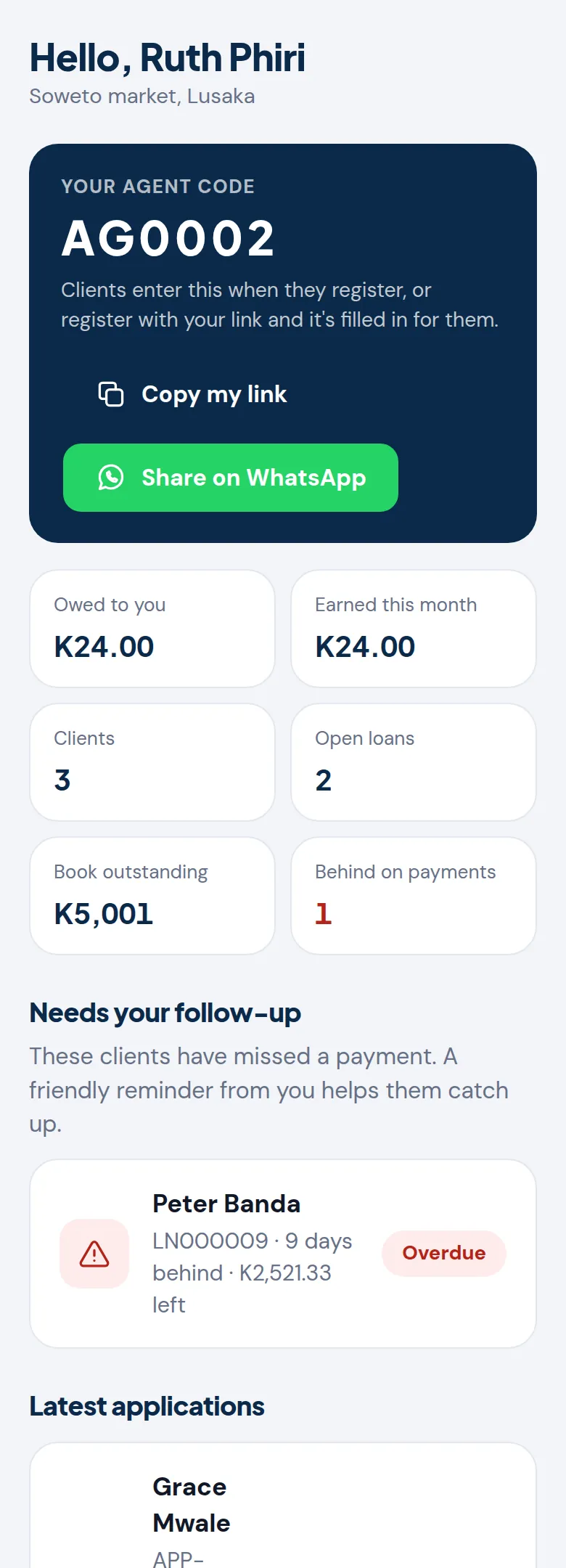 The agent home page with the agent code, earnings and clients needing follow-up