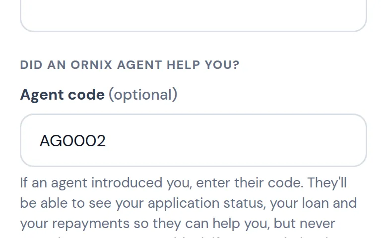 The agent code box on the client registration form, filled in