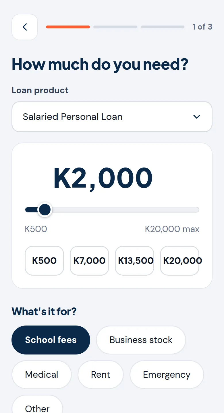 Step 1 of the application: choosing the loan product, the amount and what the loan is for