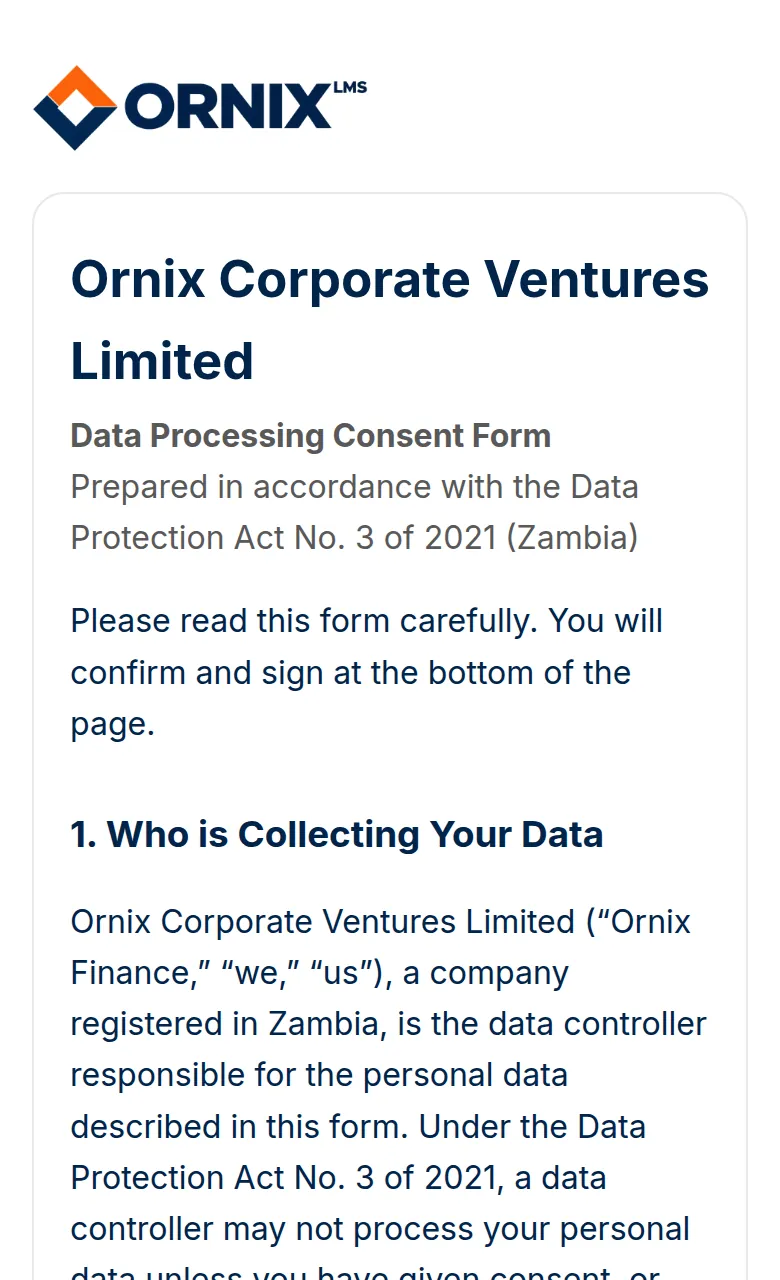 The top of the data processing consent form