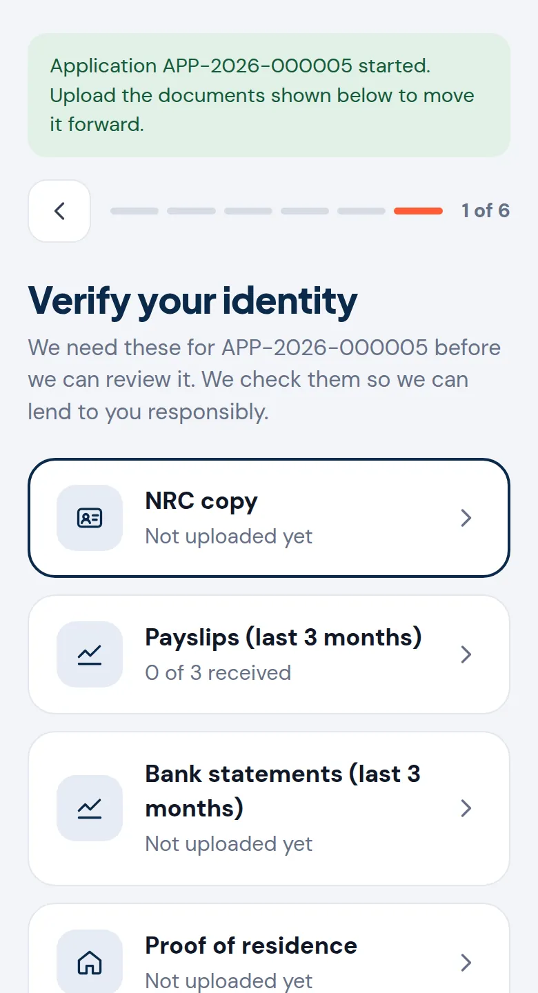 The document checklist on an application, with NRC copy, payslips, bank statements and proof of residence still to upload