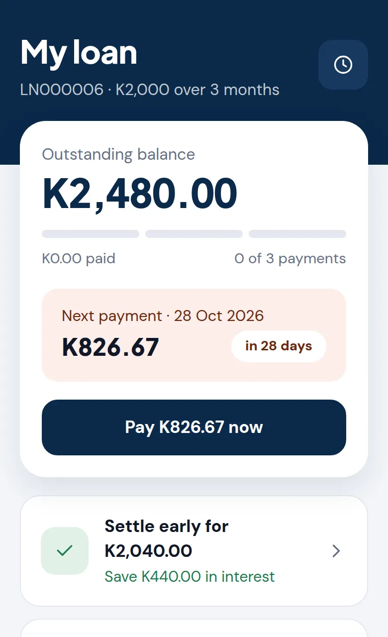 The My loan page showing the outstanding balance, the next payment and the Settle early and Need more time options