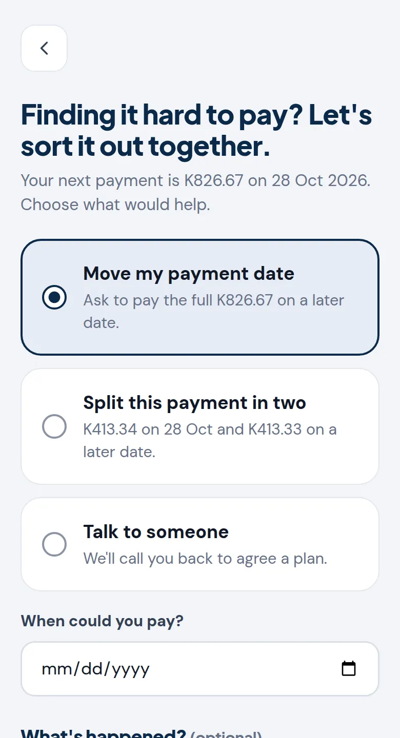 The Finding it hard to pay screen with options to move the payment date, split the payment or talk to someone