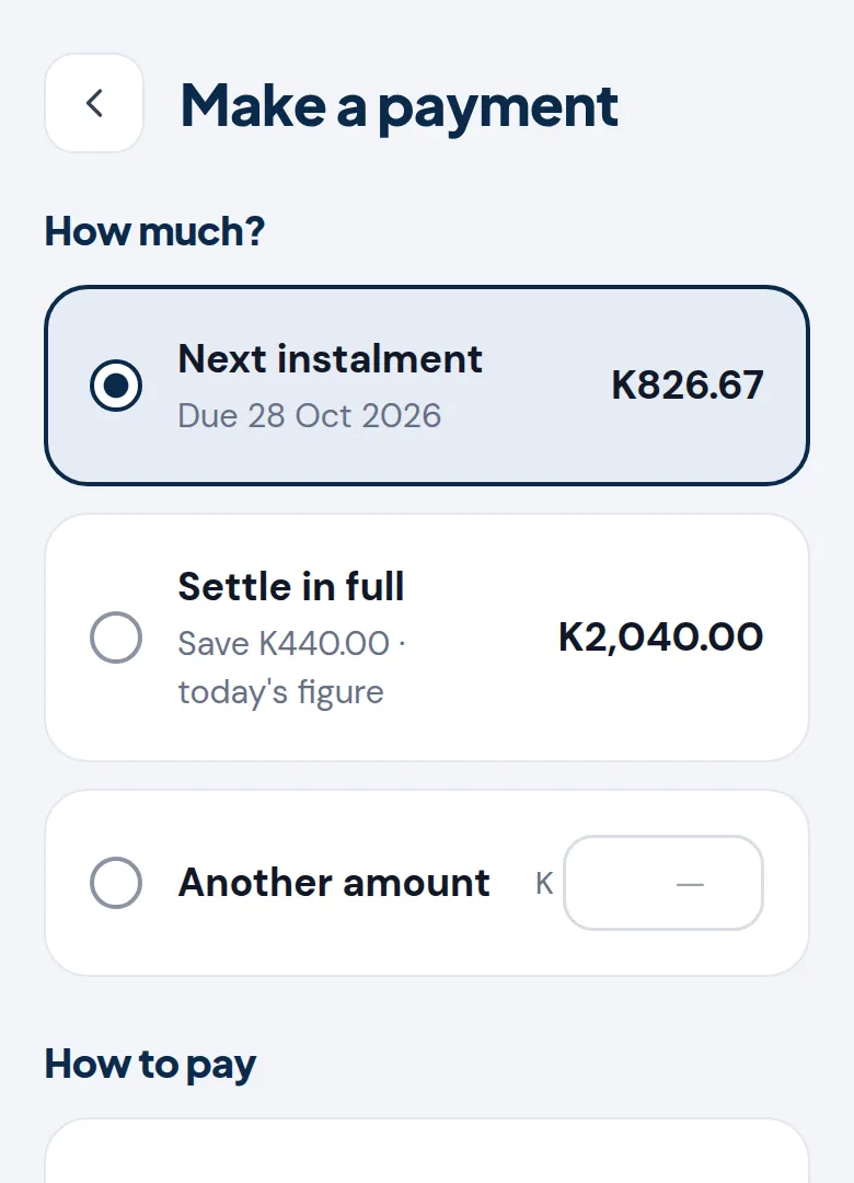 The Make a payment screen with Next instalment, Settle in full and Another amount