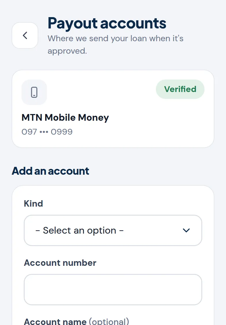 The Payout accounts screen with a verified MTN Mobile Money account and the form to add another