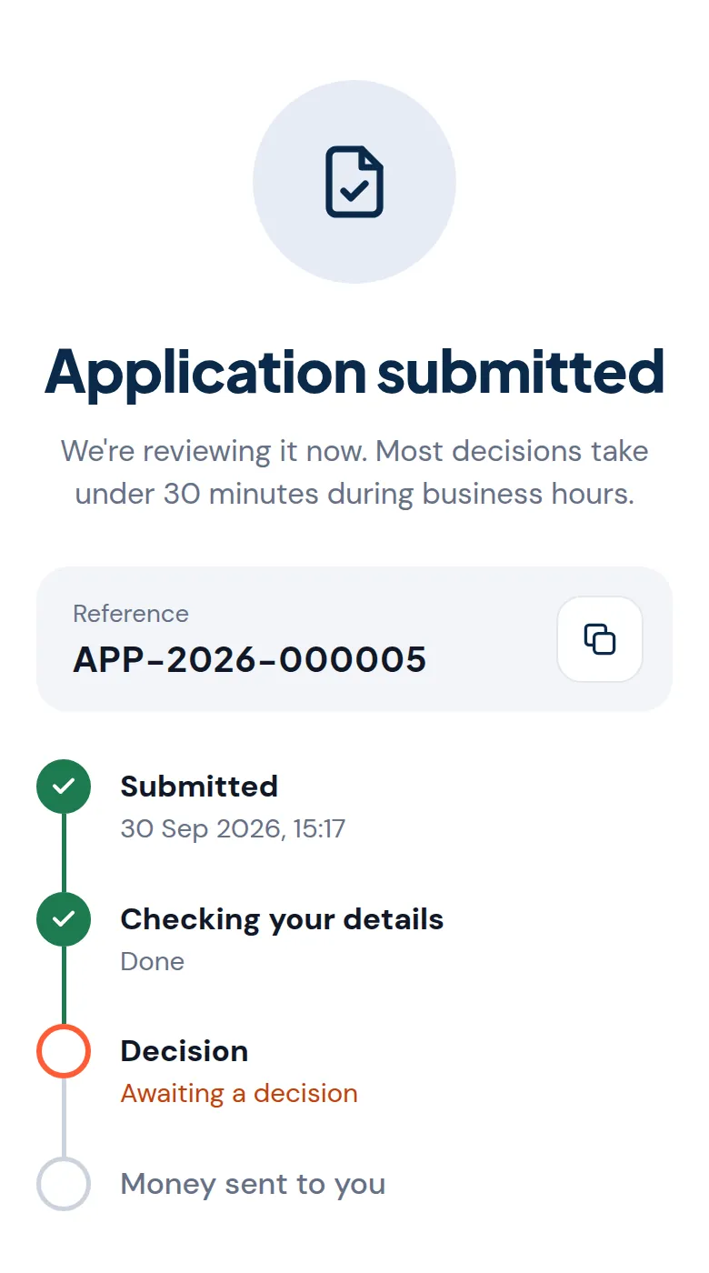 An application page showing Submitted and Checking your details done, and the decision still to come