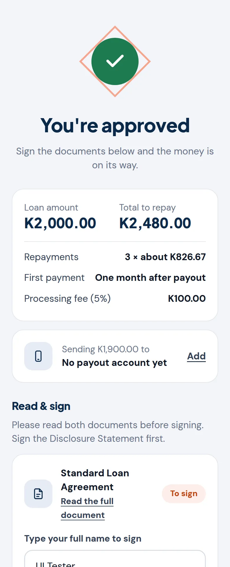 The approval screen with the loan summary and the two documents to read and sign
